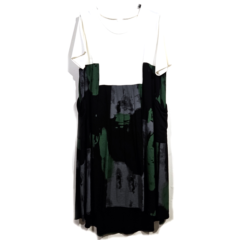 Daljša obleka z žepi širok A kroj zgoraj bela, spodaj črno-siva-zelena