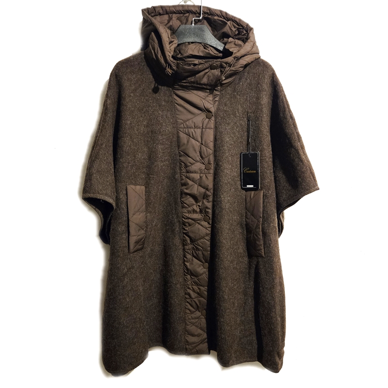 Topel pončo s kapuco in žepi čoko rjav